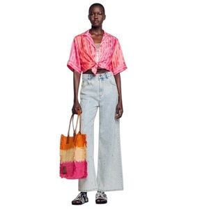 Sandro Silk Tajel Button Down Shirt Pink Print XS